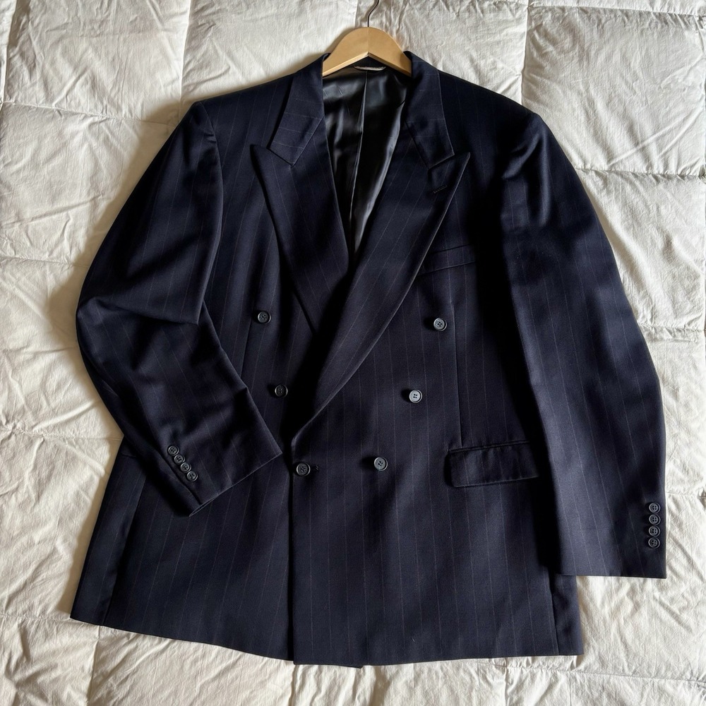 Stafford Exec Hartmarx Wool Double Breasted Peak Blazer 46L Navy Pin Stripe Boss